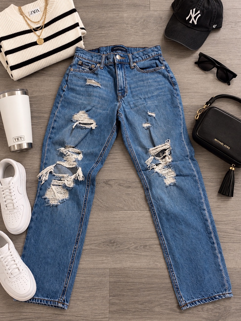 Aeropostale Ripped Straight Leg Mom Jeans - Blue